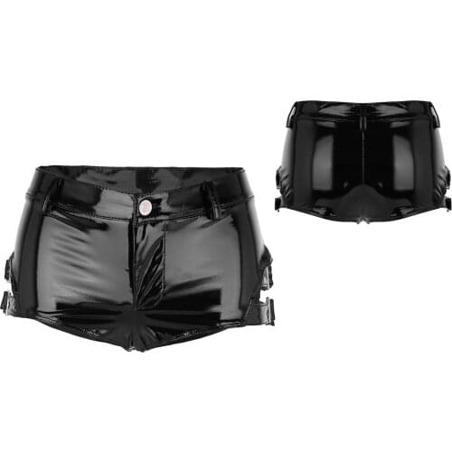 Hot Sale Womens Femme Evening Parties Costumes Wet Look Mini Shorts Leather Sexy Clubwear Shorts Hot Pants with Buckles