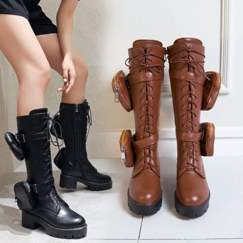 Womens Round Toe PU Leather Belt Purse Pocket Army Mid Calf Boots Platform Chunky Heel Combat Punk Shoes Plus Size 34-43 Black