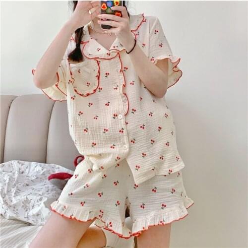 Ruffles crepe cotton women pajama set cute sweet short sleeve 2 piece set sleepwear home suit cherry print loungewear soft Y713