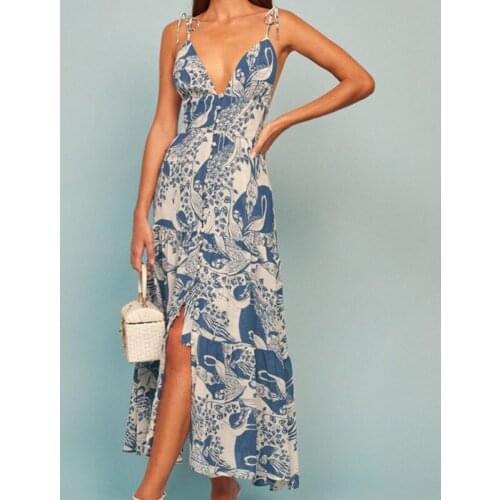 Retro French Style Blue Floral Print Tie Bow Bandage Spaghetti Strap Midi Dress Sexy Women Sling Slit Summer Femme Robe A549