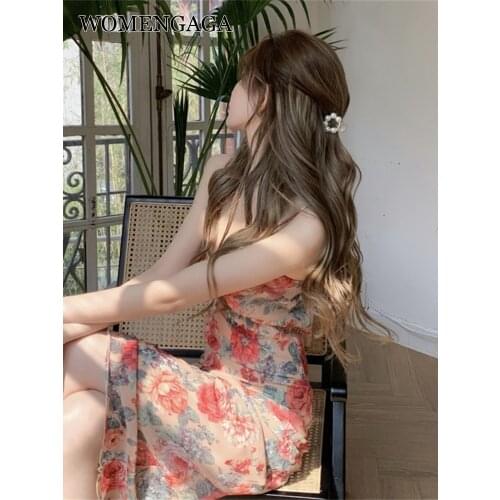 WOMENGAGA New French Sweet Floral Tank Strap Dress In Summer Tops 2021 Korean Sexy Hot Beach Style Dresses Pink Y2k Clothes RL8Z