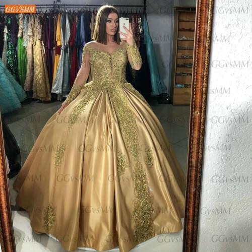 Gold Evening Dress For Women 2021 Vestido De Festa Lace Up Appliques Long Sleeves Formal Dresses Party Satin Ball Gown Trouwjurk