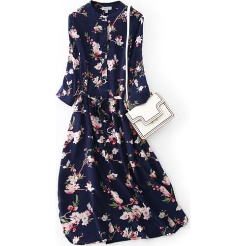 100% Silk Summer Dress 2021 Long Shirt Dress Female Floral Elegant Dresses for Women Casual Korean Fashion Robe Femme Pph4947