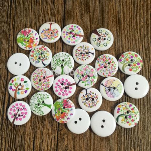 100pcs Mixed Trees Patterns Round Wood Buttons 2 Hole DIY Christmas Crafts Scrapbook Scrapbooking Sewing Accessories 15mm