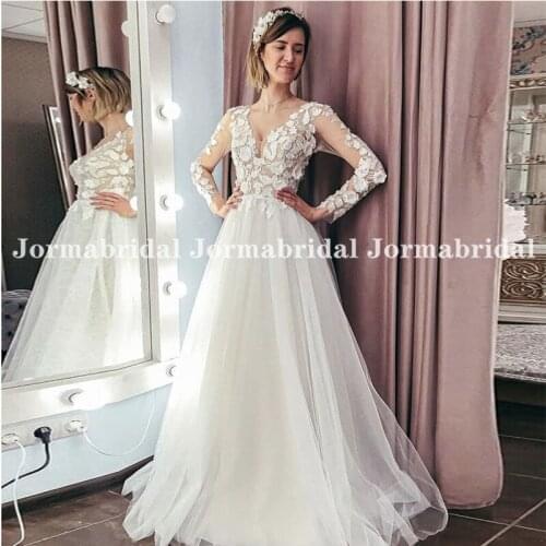 3D Appliqued Long Sleeves Boho Wedding Dress V-Neck Summer Beach Tulle Bride Wedding Gown Illusion Bodice Floor Length vestidos