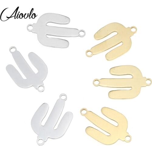 Aiovlo 5pcs/lot Stainless Steel Cactus Pendant Charms Gold Silver Connection Charm for Diy Jewelry Making Findings Supplies