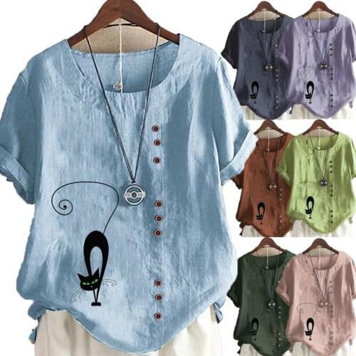 2021 Summer Womens Fashion Cats Printed Short Sleeve Round Neck Blouse Ladies Linen Button Tops Loose T-shirts Plus Size