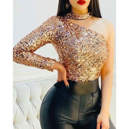 2020 Summer Women Fashion Elegant O Ring One Shoulder Sequins Bodysuit Sequin Long Sleeve Party Top Sexy