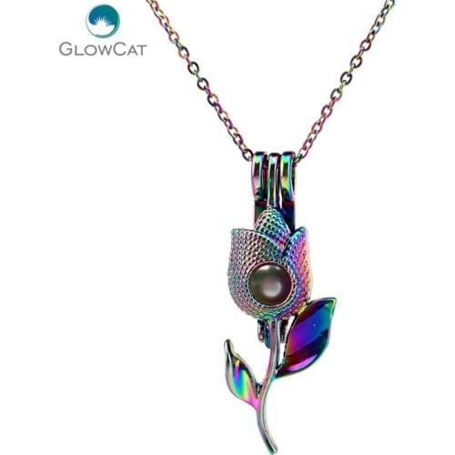 C253 Rainbow Color Lovers' Tulip Flower Rose Bead Cage Necklace Pendant Aroma Essential Oil Diffuser Locket Necklace