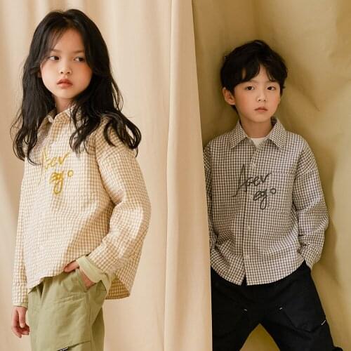 Kids Clothing 2021 Spring New Baby Girls Boys Casual Plaid Shirts Korean Letter Print Long Sleeve Children Blouses Toddler Shirt