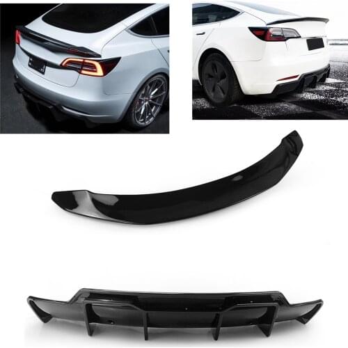 2pcs Rear Bumper Diffuser Lip & Trunk Spoiler Wing For Tesla Model 3 2017 2018-2021