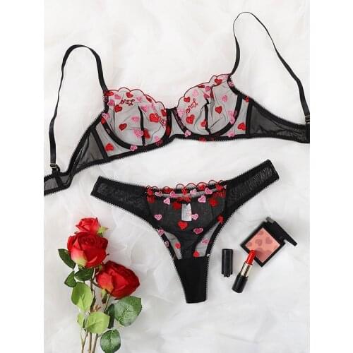 Women Sexy Transparent Lingerie Set Sissy Embroidery Push Up Adjustable Straps Bra & Sex Panties Hot Temptation Erotic Underwear