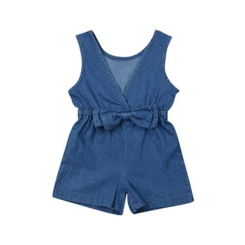 Toddler Baby Kids Girl Denim Bow Romper Bodysuit Jumpsuit Outfits Casual Clothes Sleeveless Outfits