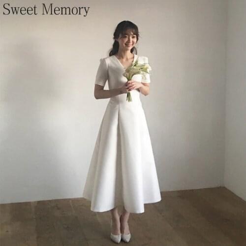 J1105 Sweet Memory 2021 Short Sleeve V-Neck Satin White Vintage Wedding Dresses Tea-Length Formal Party Gown Vestido De Noiva