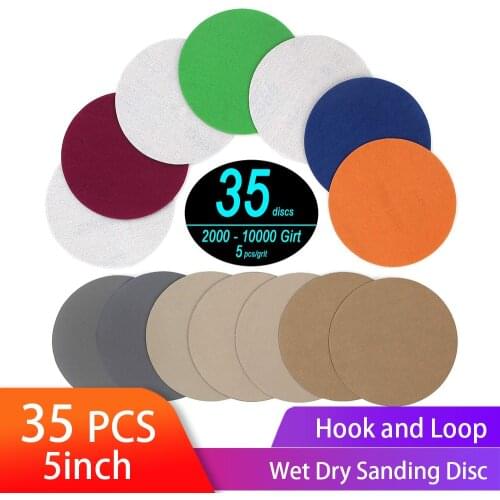 35PCS 5 Inch Dry & Wet Sanding Disc Round Assortment Sandpaper Grit 2000/2500/3000/4000/5000/7000/10000 Hook Loop Abrasive Paper