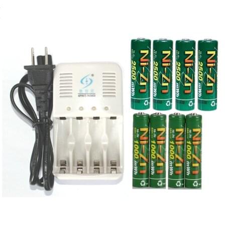 Powerful 4pcs 1.5v 1.6v aa 2500mWh rechargeable Ni-Zn battery+4pcs aaa1000mWh1.6v rechargeable battery+1pcs charger