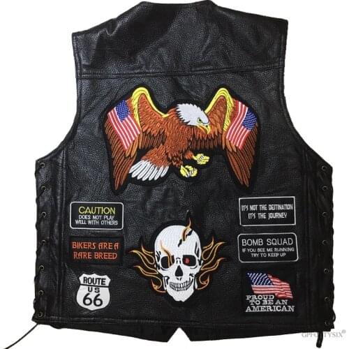 Motorcycle Vest Men Embroidered Waistcoat With 23 Patches US Flag Eagle Biker Vests High Quality Sheepskin