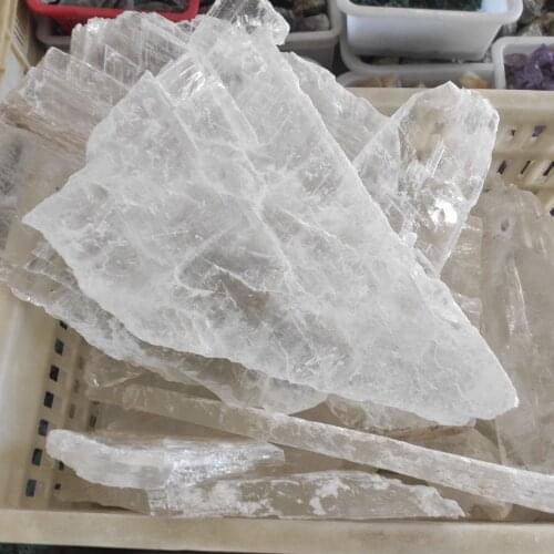 Natural white rough selenite crystal slab transparent gypsum specimen