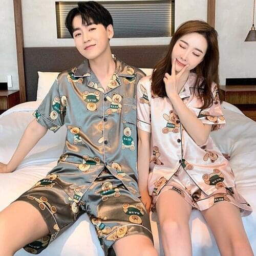 SLPBELY Couple Pajamas Set Homesuit Faux Silk Cartoon Bear Short Sleeve Lapel Lover Pajamas Men Women Pyjamas Homewear Sleepwear