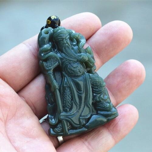 Natural Green HETIAN Jades Pendant Carved Chinese Wealth God Broadsword Guan Yu The Duke Guan Pendant Necklace mens Jewelry