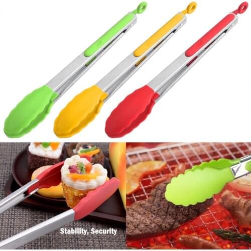 BBQ Tongs Ergonomic Handle Heat Resistant Metal Food Serving Grill Food Tongs for Kitchen Stainless steel silicone food clamp