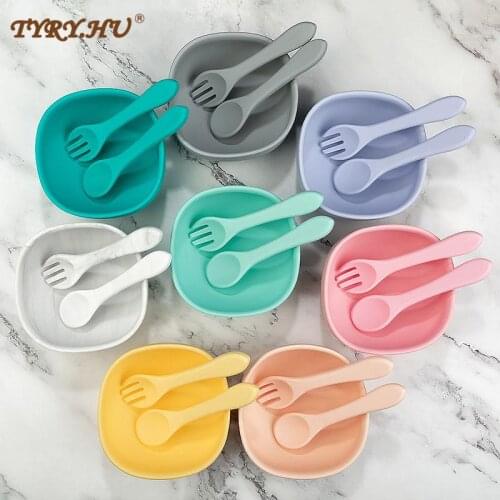 1set Silicone Baby Learning Feeding Bowl 1 Set Waterproof Spoon fork Non-Slip Feedings Training Tableware BPA Free Baby Plate