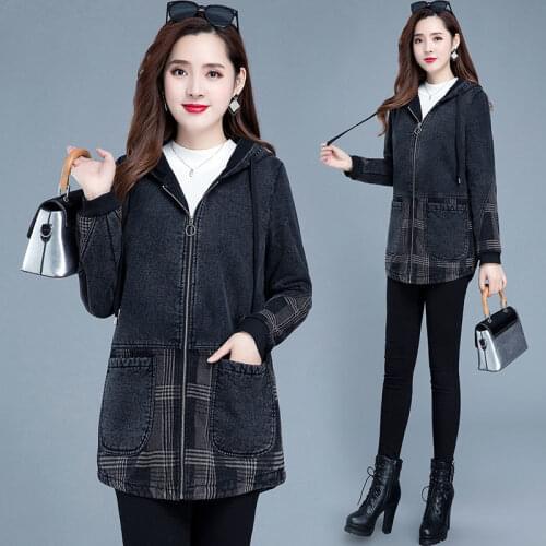 Mid-Length Denim Jacket Womens 2021 Spring And Autumn Winter New Hooded Loose Overwear Plus Size Top Denim Clothing L108