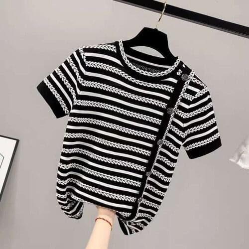 2021 Fashion O collar metal button sweater bottoming shirt womens stripe thin pullover summer Ice silk Short sleeve