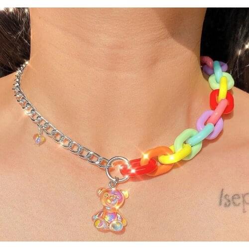 Acrylic Women Necklace Bear Fashion Necklaces 2021 Chain Splice Pendants and Necklaces Punk Goth Kpop Gothic Jewelry Y2k Beads