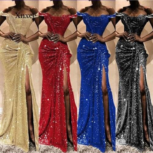 Vintage Off Shoulder Sequin Mermaid Dress Women High Split Shining Side Slit Sexy Elegant Banquet Evening Party Women Long Dress