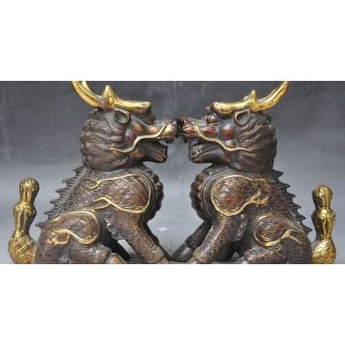 8"China bronze gilt fengshui beast Kirin Unicorn Kylin Evil Guardian statue pair