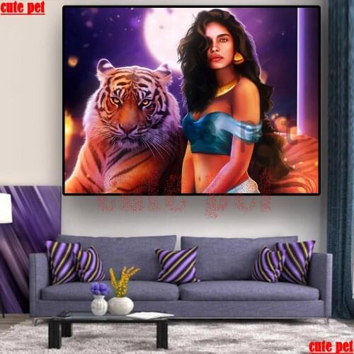 Diamond Painting Tiger and woman puzzle Full Square Round Painting Beast and Beauty CrossStitch 5D Rhinestones Mosaic Decoration