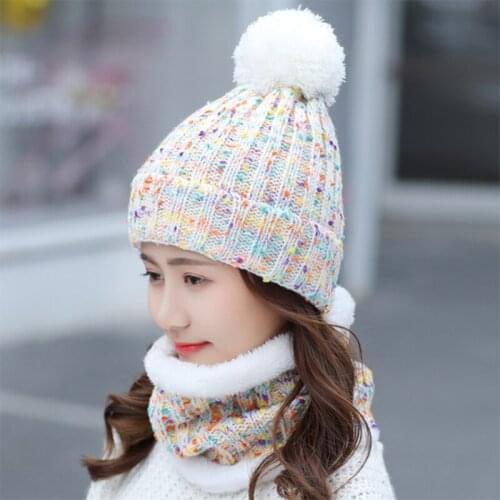 Brand New Winter Visor Hats Women Mixed color knit Beanie Skullies Hat Female Thick Velvet Hair Ball Warm Bonnet Caps Bib Set
