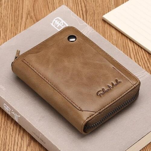 Anti-theft brush leather short mens folding wallet retro classic mens zipper wallet large-capacity passport holder card holder