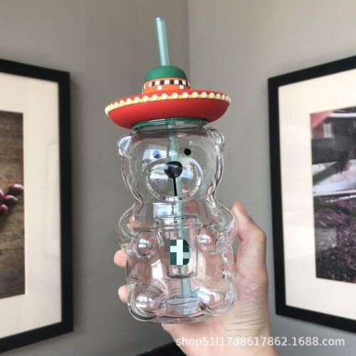 Cup 2021 Summer New Product Latin American Style Coffee Farmer Bear Shape Glass Drinking Glass with Straw