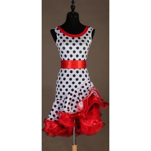 Kids/Adult Latin Dance Costume Red/Rose Red Polka Dot Skirt Latin Competition Dresses Rumba Performance/Practice Clothes DQL1243
