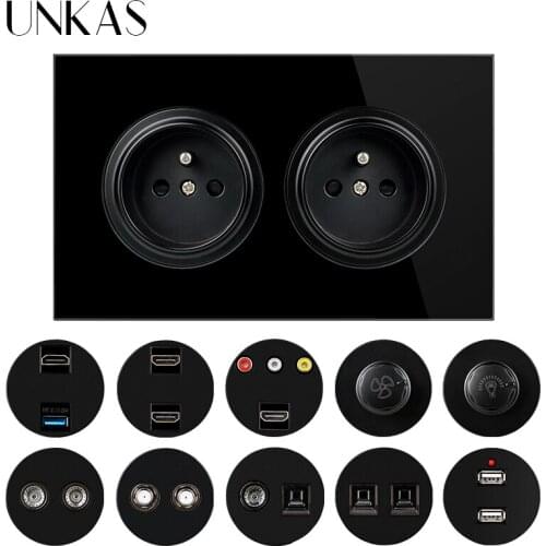 UNKAS Dual French Black Glass Panel Socket + HDMI-Compatible USB TV RJ11 Telephone RJ45 Computer Dimmer Fan Regulator Switch