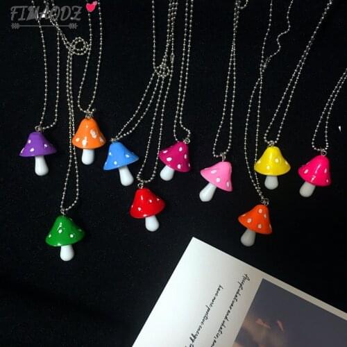 FIMAODZ Mushroom Necklace Hippie Charm Fun Colorful Plant Pendant Long Chain Necklaces Girls Jewelry Gift