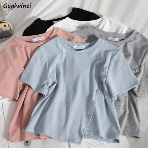 T-shirts Women Fashion Summer Irregular Round Neck Female Crops All-match Solid Single Breasted Design Korean Streetwear Popular