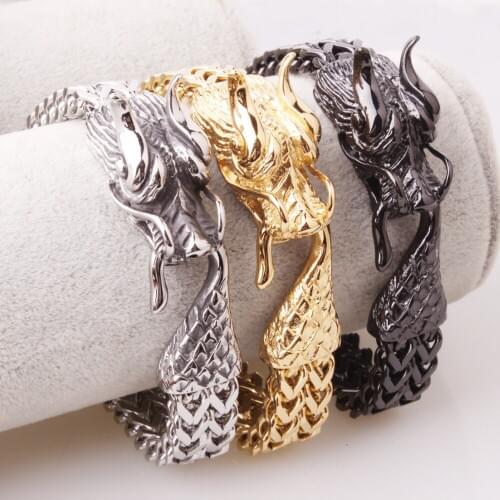 Hip Hop Dragon Head Stainless Steel Strong Mens Bracelet Vintage Fashion Jewelry Gold Black Color Accessories Male Bracelets