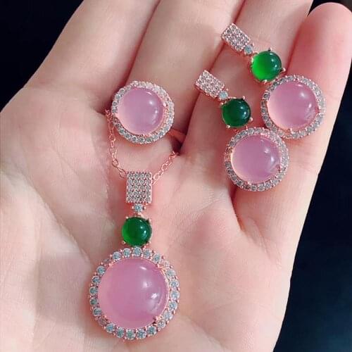 Jadery Luxury Rose Gold 925 Sterling Silver Jewelry Sets Natural Chalcedony Jade Necklace/Earrings/Ring Women Jewelry 328 Deals