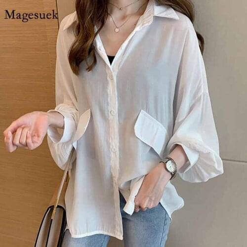 Korean Plus Size 2021 Long Shirt Women Casual Tops Spring Lantern Sleeve Loose White Blouse Shirts Office Solid Blouses 12675