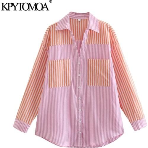 KPYTOMOA Women 2021 Fashion Patchwork Striped Loose Blouses Vintage Long Sleeve Pockets Female Shirts Blusas Chic Tops