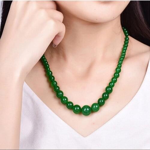 Beautiful 6-14mm Natural Green Jade Round Beads Necklace 18INCH