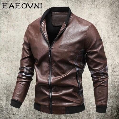 EAEOVNI 2021 New Mens Bomber Jacket Autumn Winter Faux Leather Jacket Men Motor Biker Jacket Coat Casual Streetwear Clothing Top