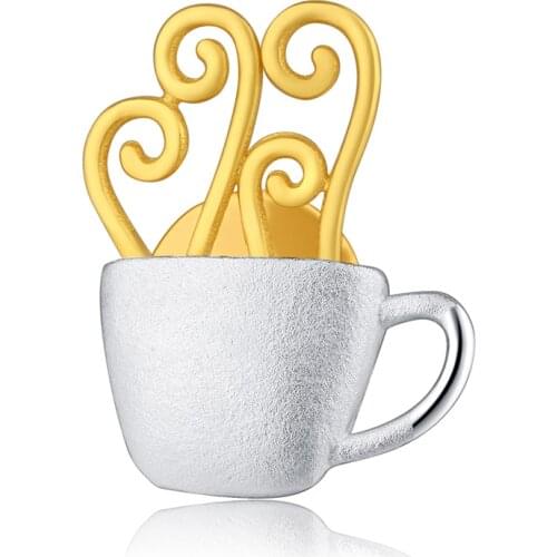 Lotus Fun Real 925 Sterling Silver Handmade Fine Jewelry Adorable Afternoon Dating Hot Coffee Cup Women Brooches Pin Broche