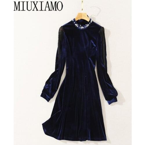 MIUXIMAO 2020 Fall Dress Women Party Velvet Dress Diamonds Office Lady Casual Long Sleeve Blue Dress Women Vestidos with Bow