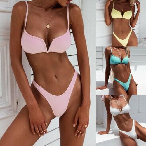 Fashion Casual Slim Solid Women Bikini Set Swimwear Push-Up Padded Bra Swimsuit Beachwear Bathing Suit Summer Clothes