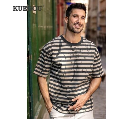 KUEGOU Clothing Men T-shirt Short Sleeve Oversized Stretch Tee Summer Streetwear Loose Tshirt Contrast color Striped Top 8963
