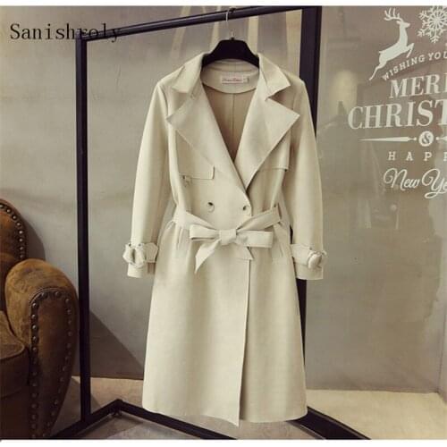 Sanishroly New Autumn Winter Women Midi Long Jacket Slim Sashes Bow Suede Coat Female Long Sleeve Windbreaker Outwears Tops S709